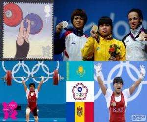 пазл Тяжёлая атлетика 53 кг женщин подиум, Зульфия Chinshanlo (Казахстан), Сюй Шу Цзин (Китайский Тайбэй) и Кристина Иову и Кристина Иову (Молдова) - Лондон-2012-